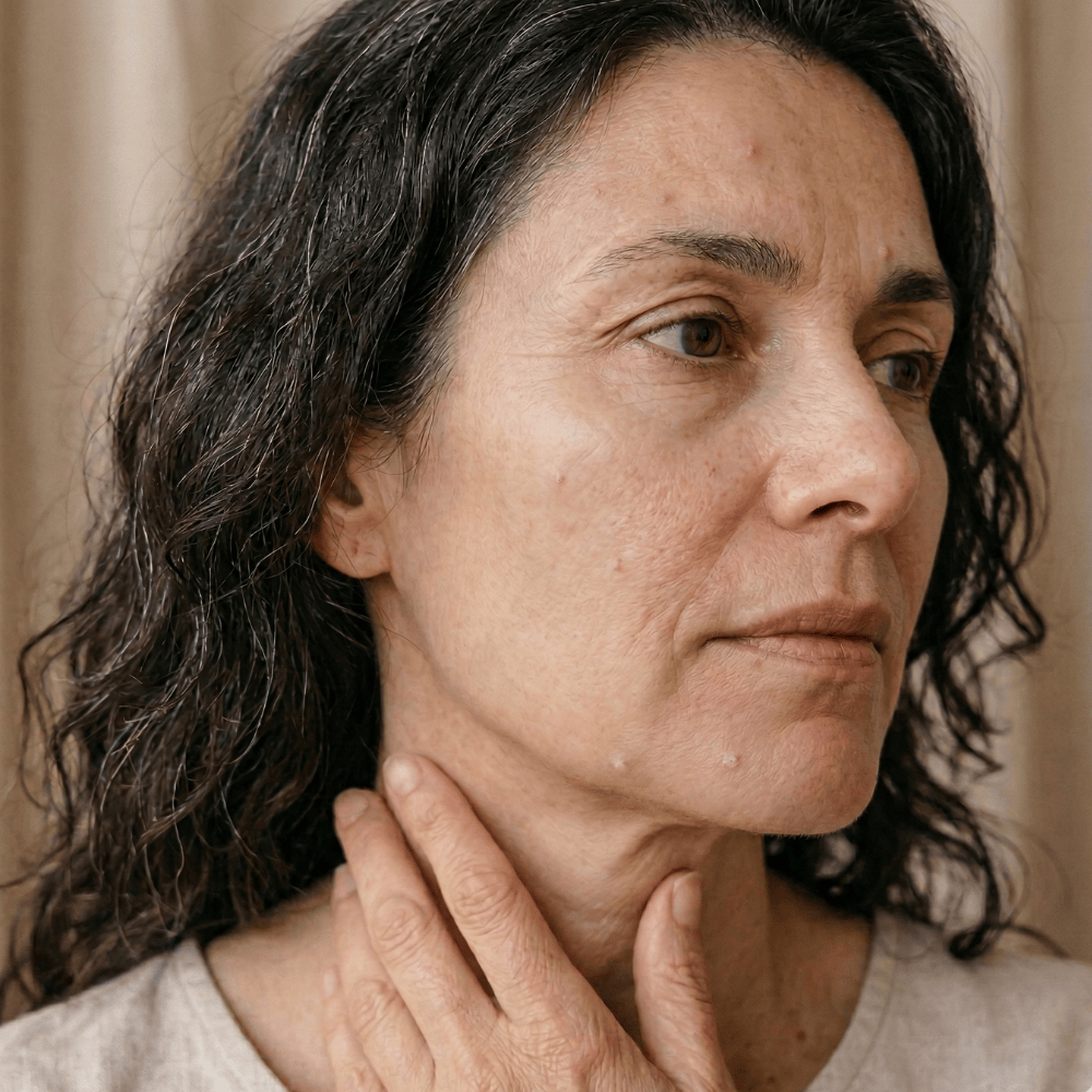 Mature woman examining jawline and neck skin with concern about acne prone areas and breakouts common during hormonal changes
