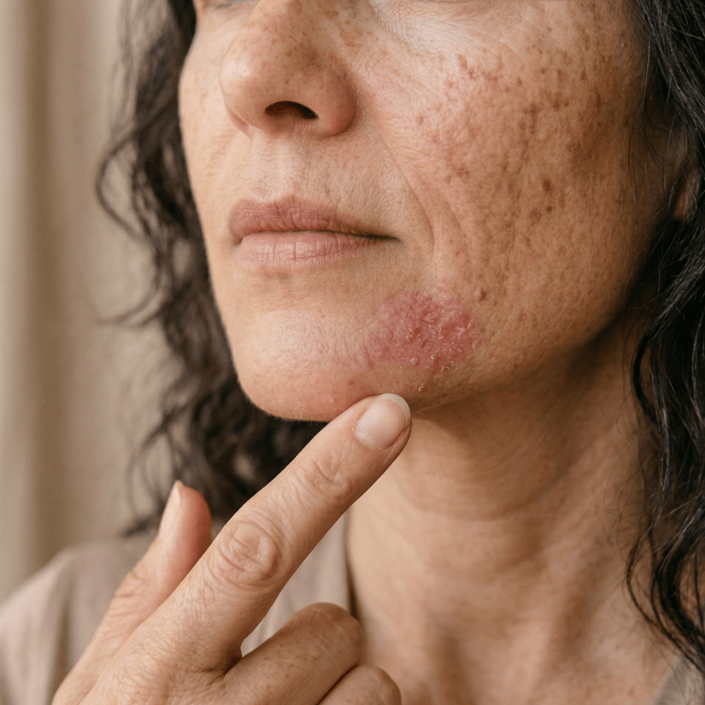Close up of woman pointing to inflamed acne breakout cluster on jawline with redness and irritation that may benefit from targeted spot treatment