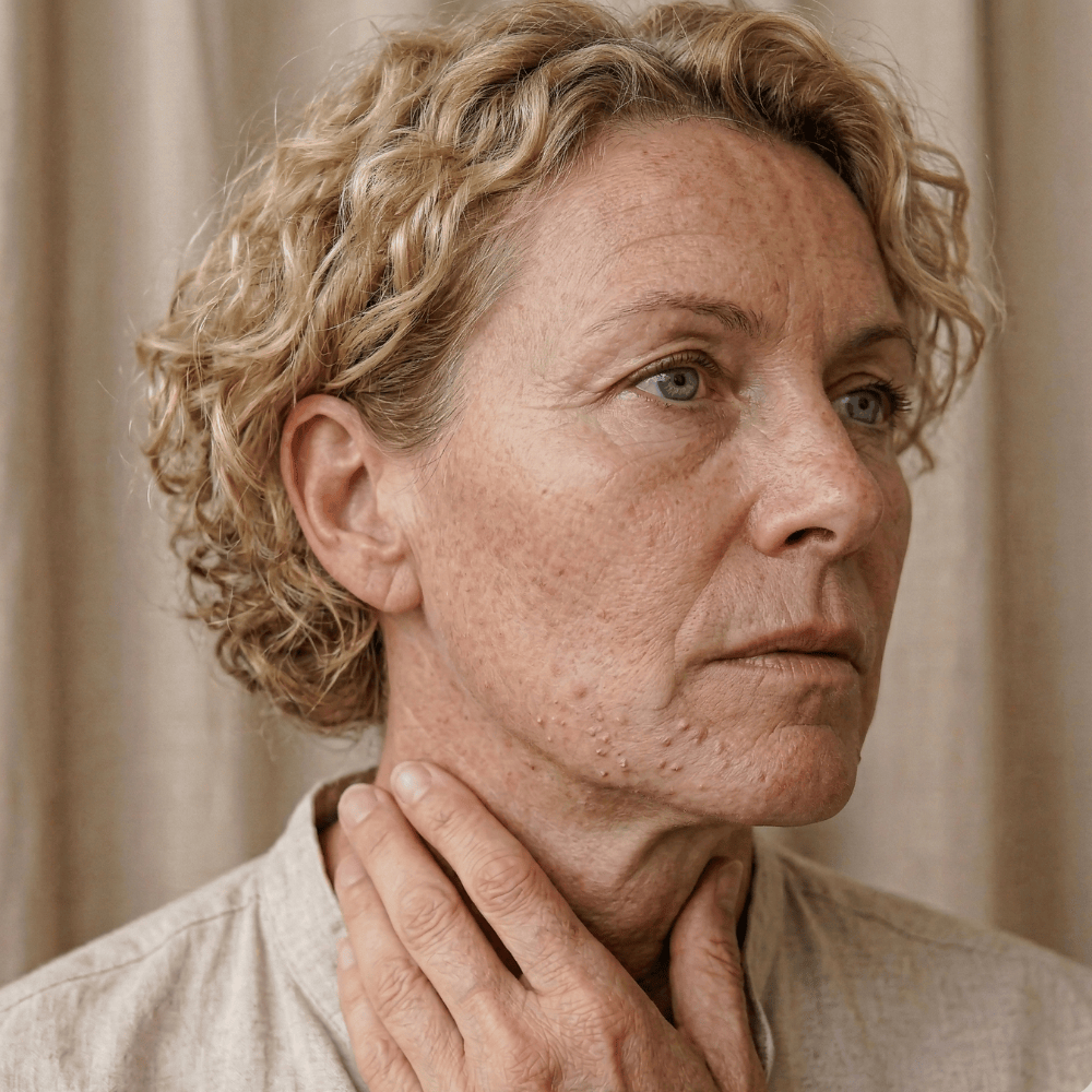 Mature woman with visible blemishes and uneven skin texture on jawline and neck area concerned about adult acne during menopause