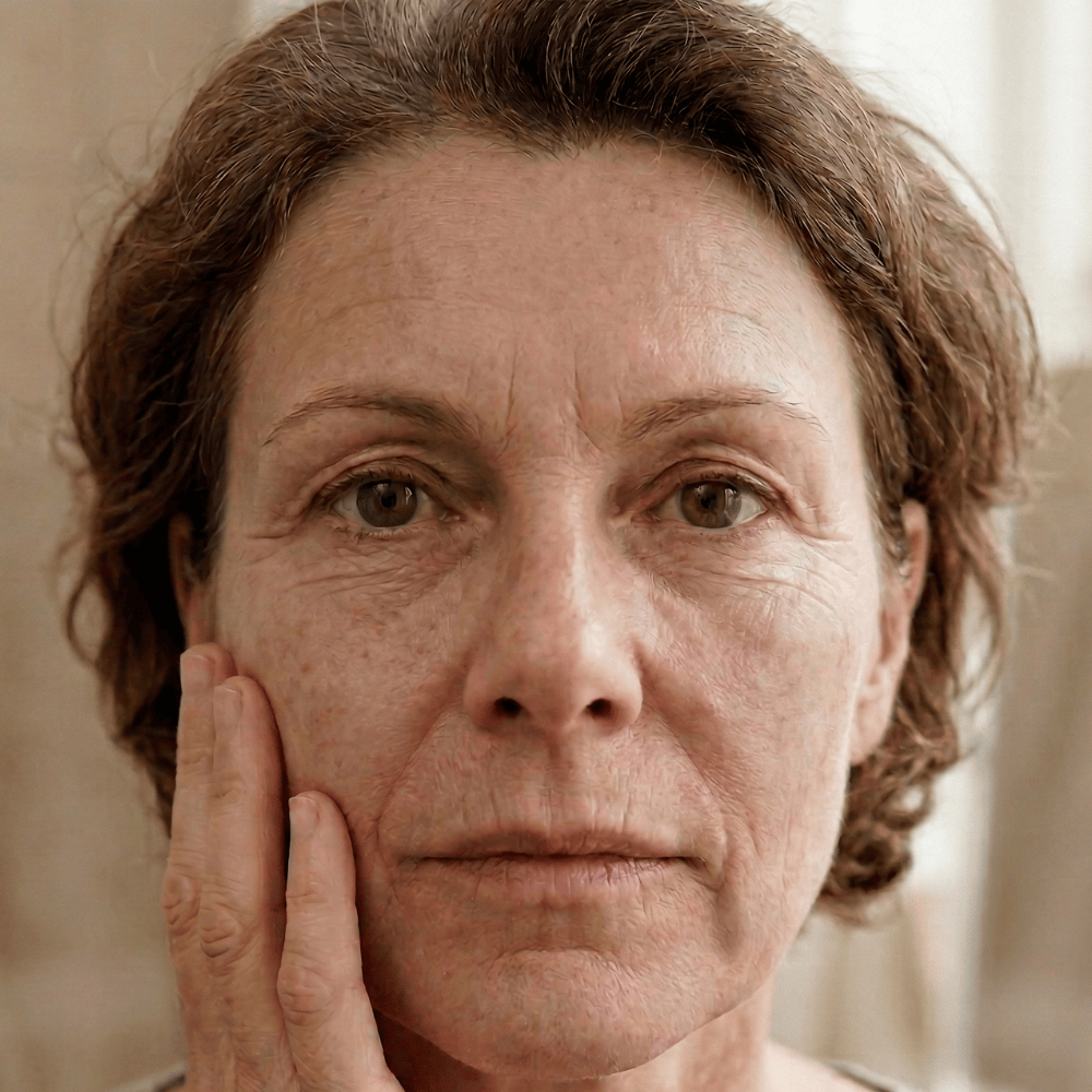 Mature woman looking directly at camera with visible skin texture changes enlarged pores and blemish concerns seeking clearer skin