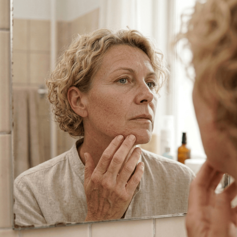 Mature woman checking jawline for acne and blemishes in bathroom mirror concerned about hormonal breakouts and skin changes