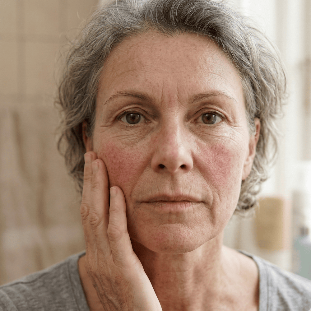 Mature woman with grey hair showing facial redness and flushed cheeks common skin concern during menopause that may benefit from blemish care