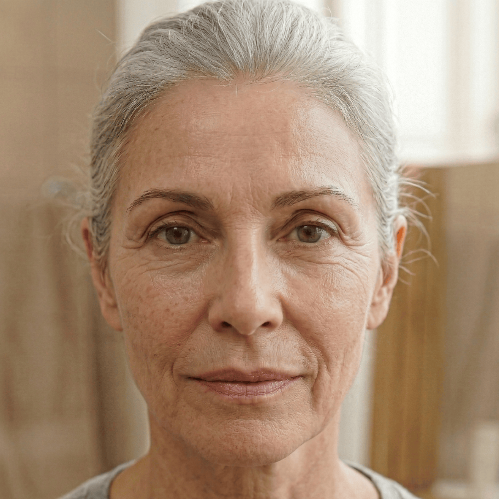 Mature woman with silver hair and clearer calmer skin looking confident after consistent blemish care routine for acne prone skin