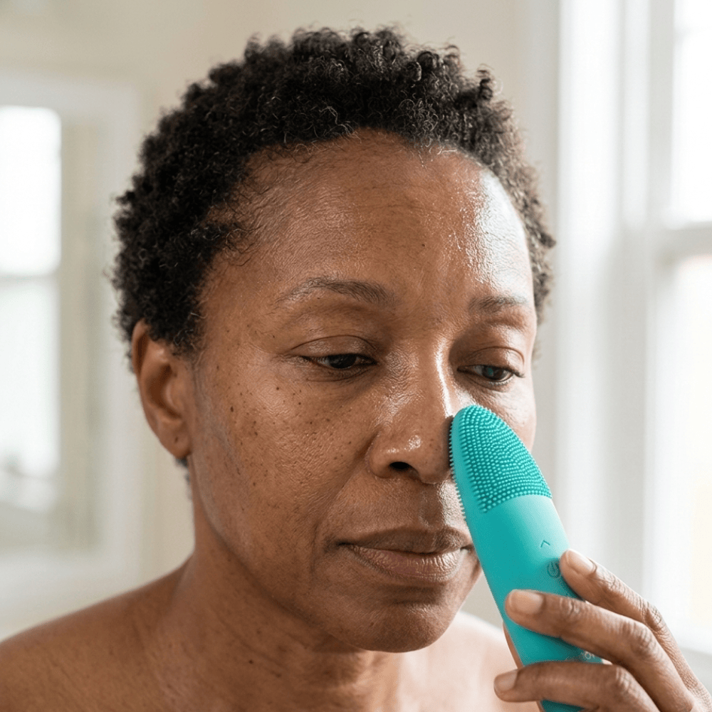 Mature woman using Genova T-Zone Silicone Cleanser on cheek for gentle deep pore cleansing as part of daily skincare routine