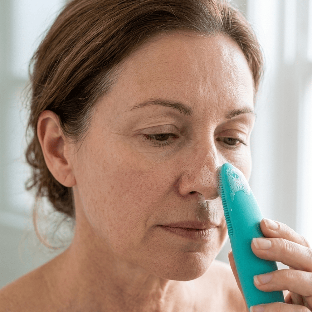 Mature woman using Genova T-Zone Silicone Cleanser along nose and cheek to gently clear congested pores and improve skin texture