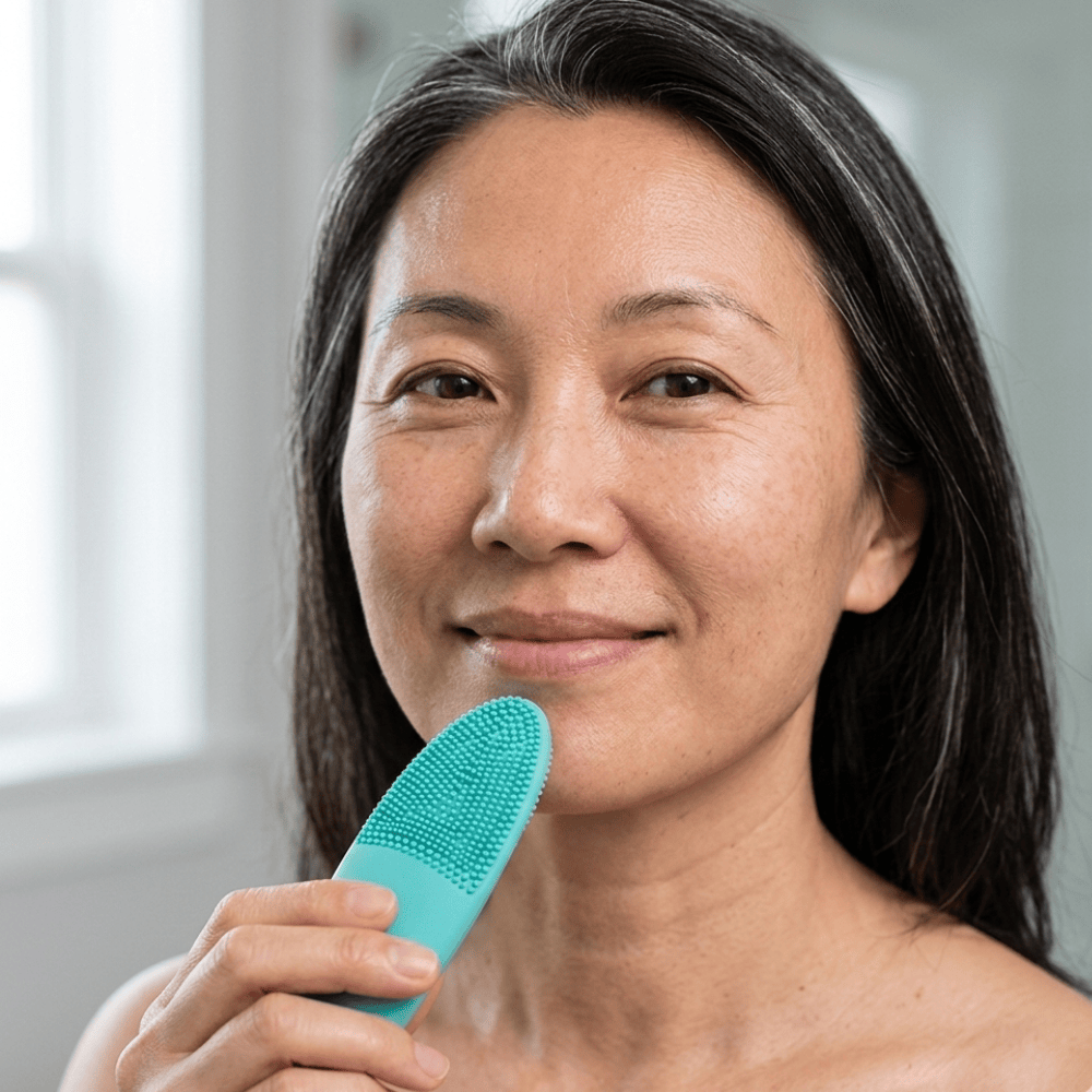 Mature woman smiling while using Genova T-Zone Silicone Cleanser along chin and jawline for gentle pore clearing skincare