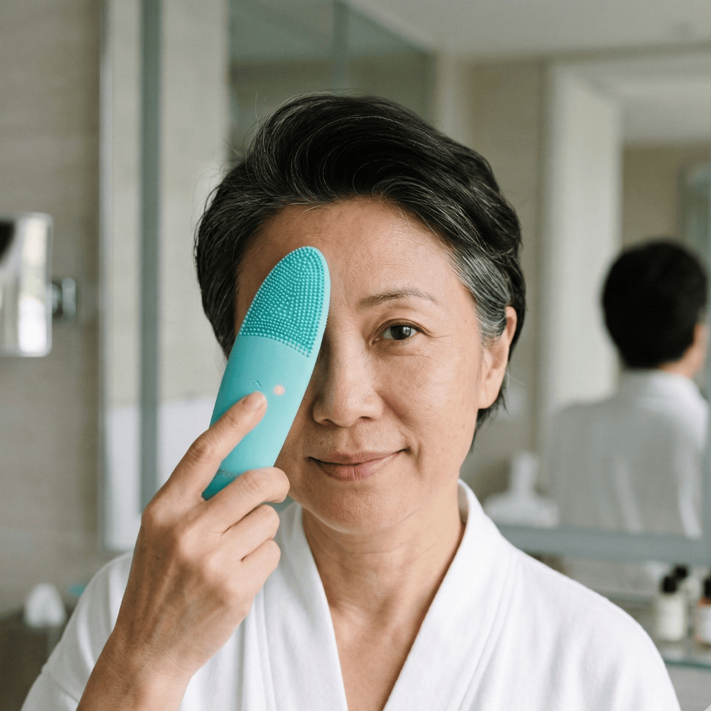 Mature woman cleansing her forehead at the bathroom mirror to manage an oily T-zone in perimenopause