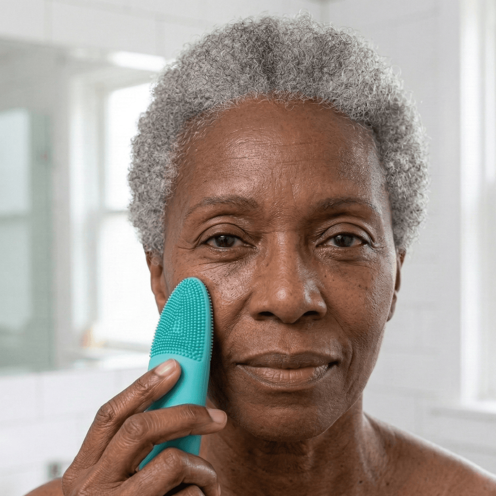 Mature woman with grey hair cleansing her cheek, showing the combination skin pattern common in menopause