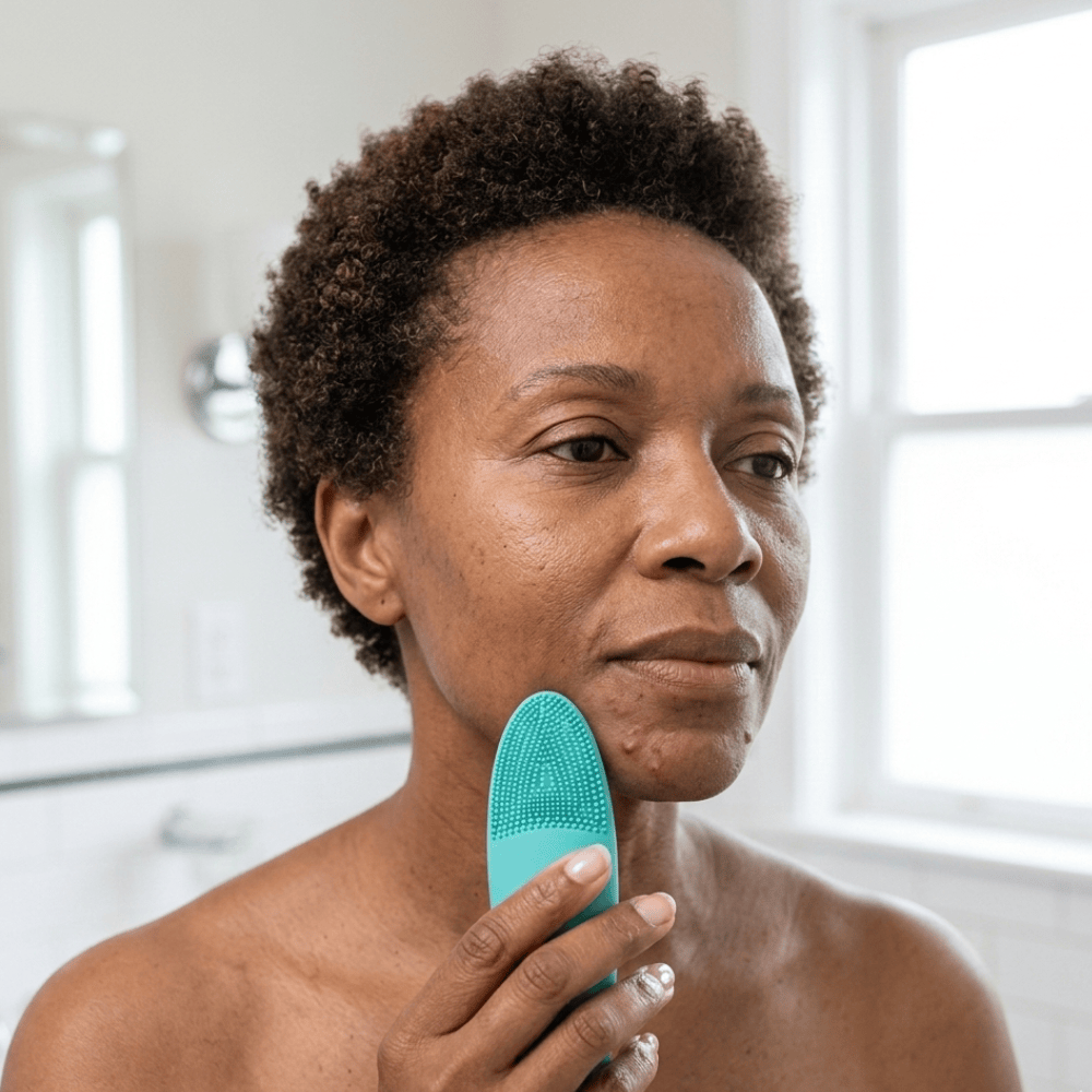 Mature woman using Genova T-Zone Silicone Cleanser along jawline in bathroom to help manage breakouts and maintain clear skin