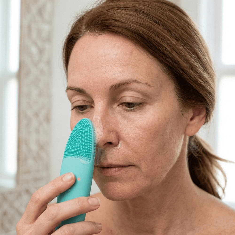 Mature woman with eyes closed using Genova T-Zone Silicone Cleanser alongside nose to clear blackheads and congested pores