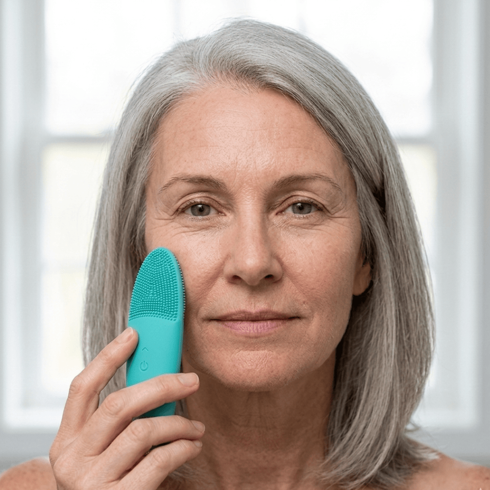 Mature woman with silver hair using Genova T-Zone Silicone Cleanser on cheek as part of daily cleansing routine for menopausal skin
